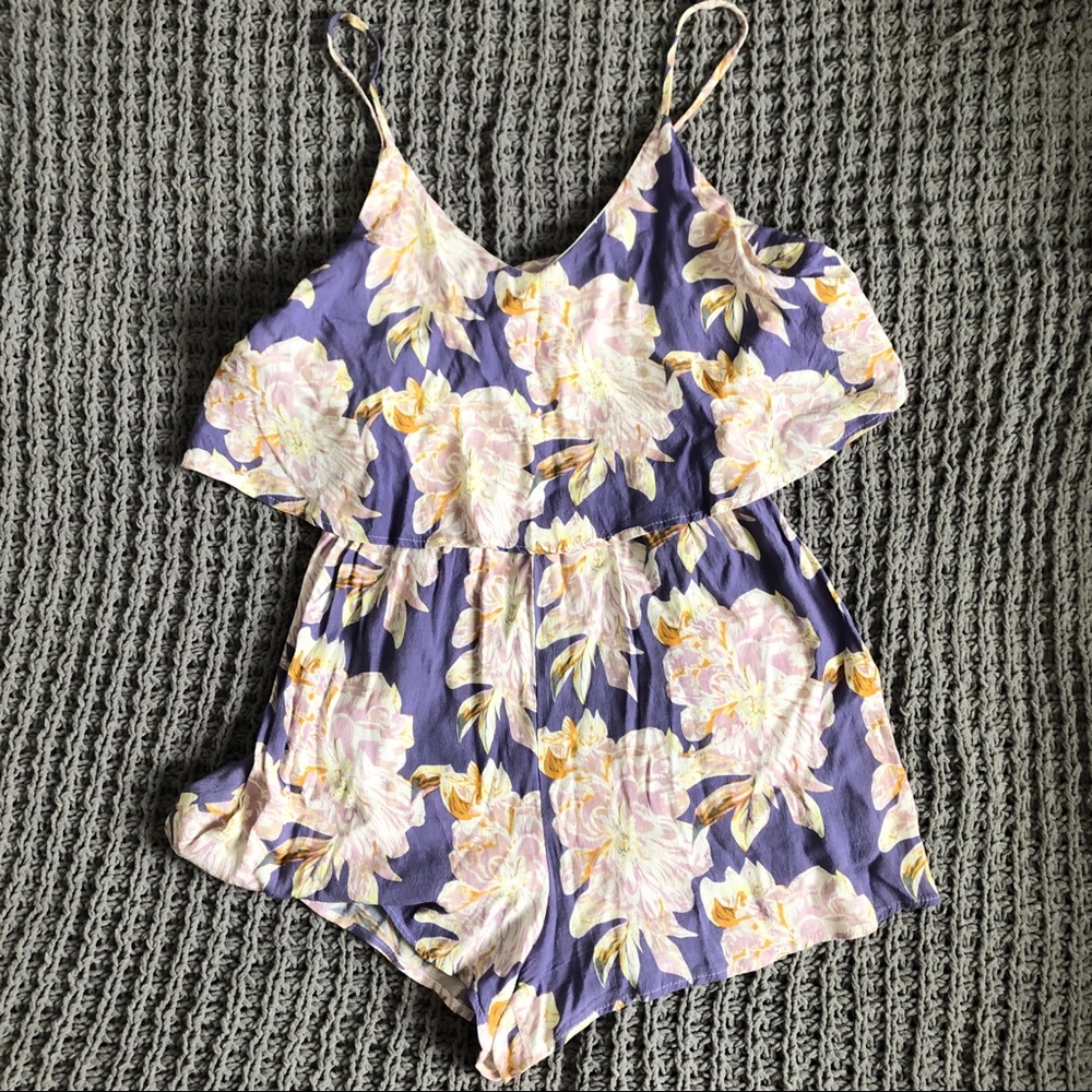 Purple Floral Flowy Romper w Yellow White Flowers